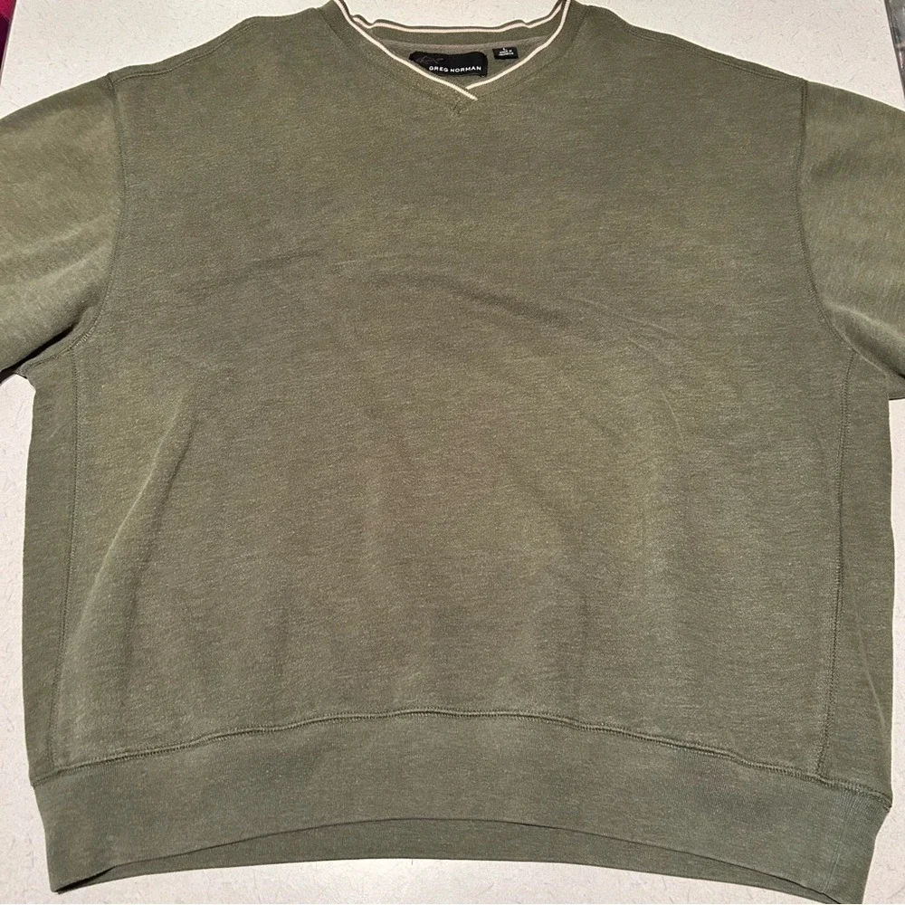 Greg Norman Mens Olive‎ Green V-Neck Pullover Sweatshirt Shark Logo Size Large